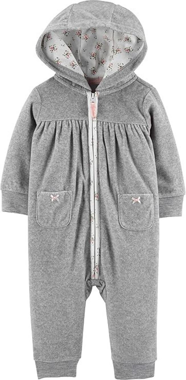 Carter’s Baby Girl Hooded Fleece Jumpsuit Gray Heart Back Zip 9 Months New